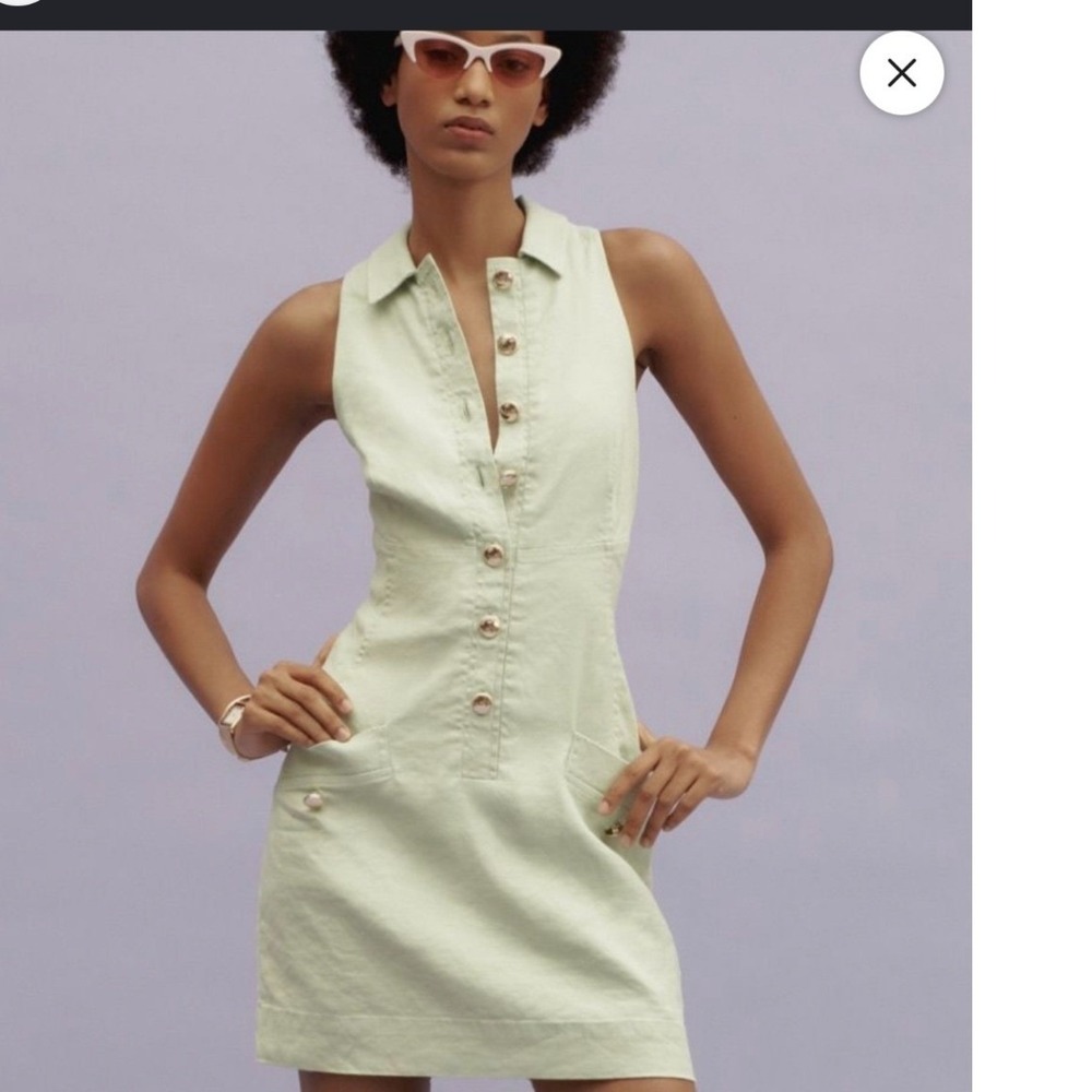 Maeve Anthropologie Mint Green Sleeveless Button Front Mini Denim Dress XS